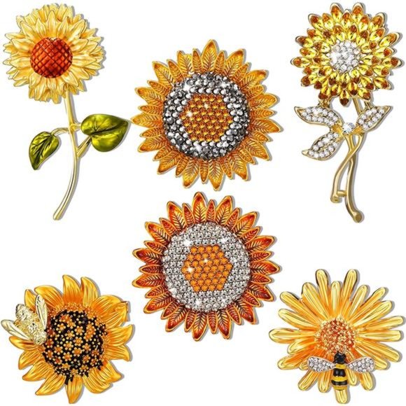 6 Pcs Sunflower Rhinestones Crystal Brooches Gold Pins for Hats - Picture 1 of 7